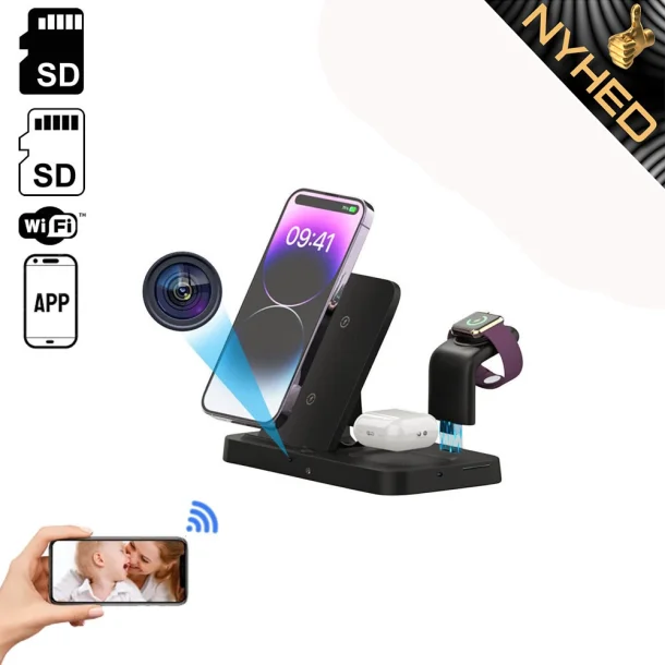 Spion Wifi Telefonoplader 3i1 - Med indbygget kamera